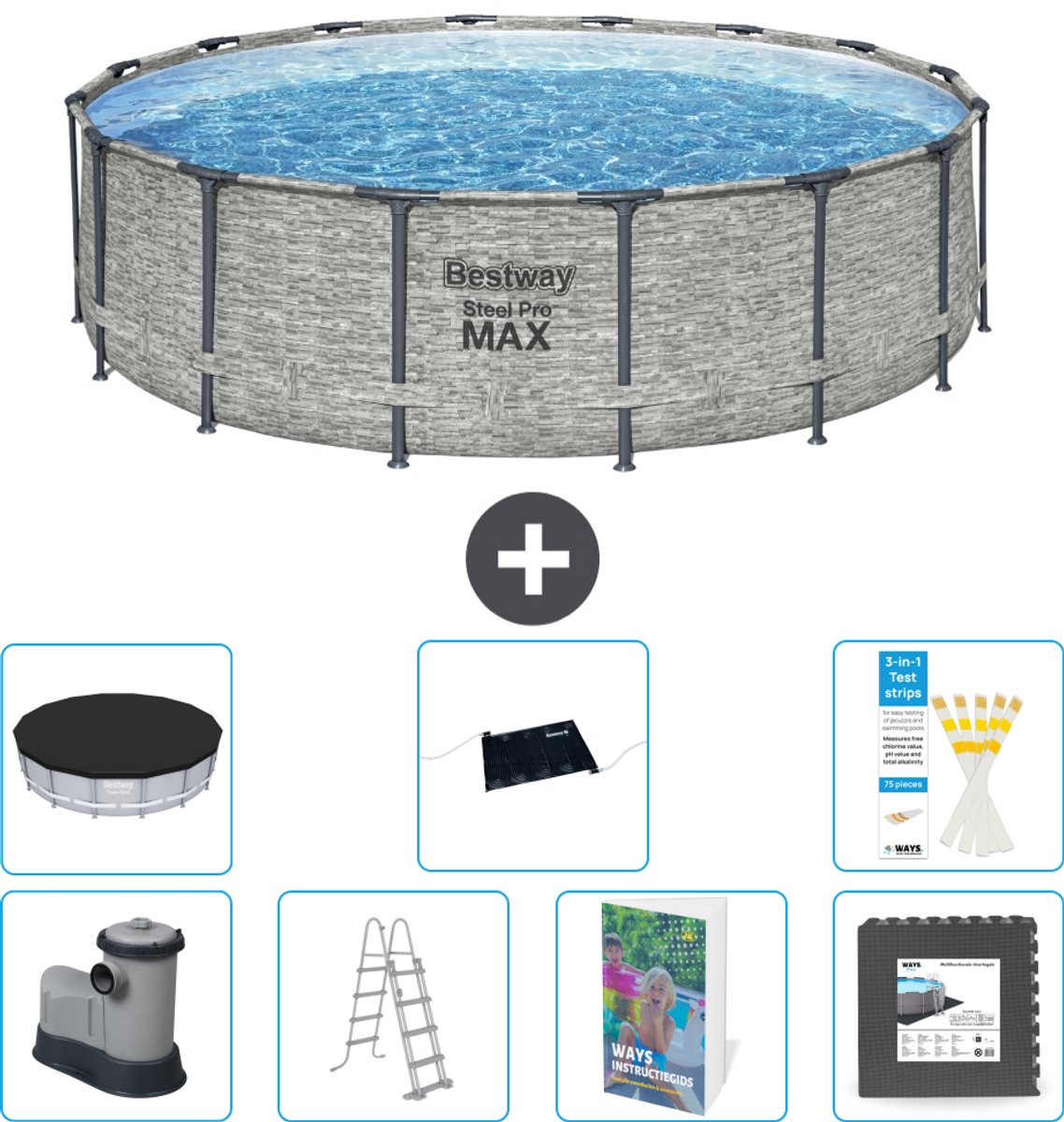 Bestway Rond Steel Pro MAX Zwembad - Steenprint - 488 x 122 cm - Inclusief Pomp - Ladder - Afdekzeil - Solar Mat - Vloertegels - 8-delig
