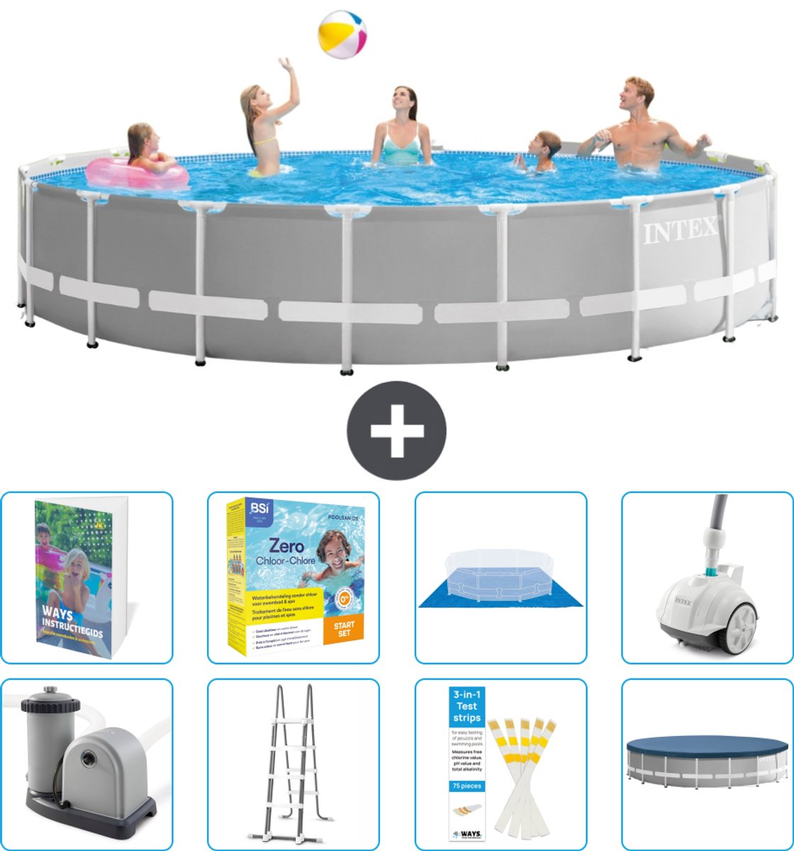 Intex Rond Prism Frame Zwembad - 548 x 122 cm - Grijs - Inclusief Pomp - Ladder - Grondzeil - Afdekzeil - Onderhoudspakket - Stofzuiger - 9-delig