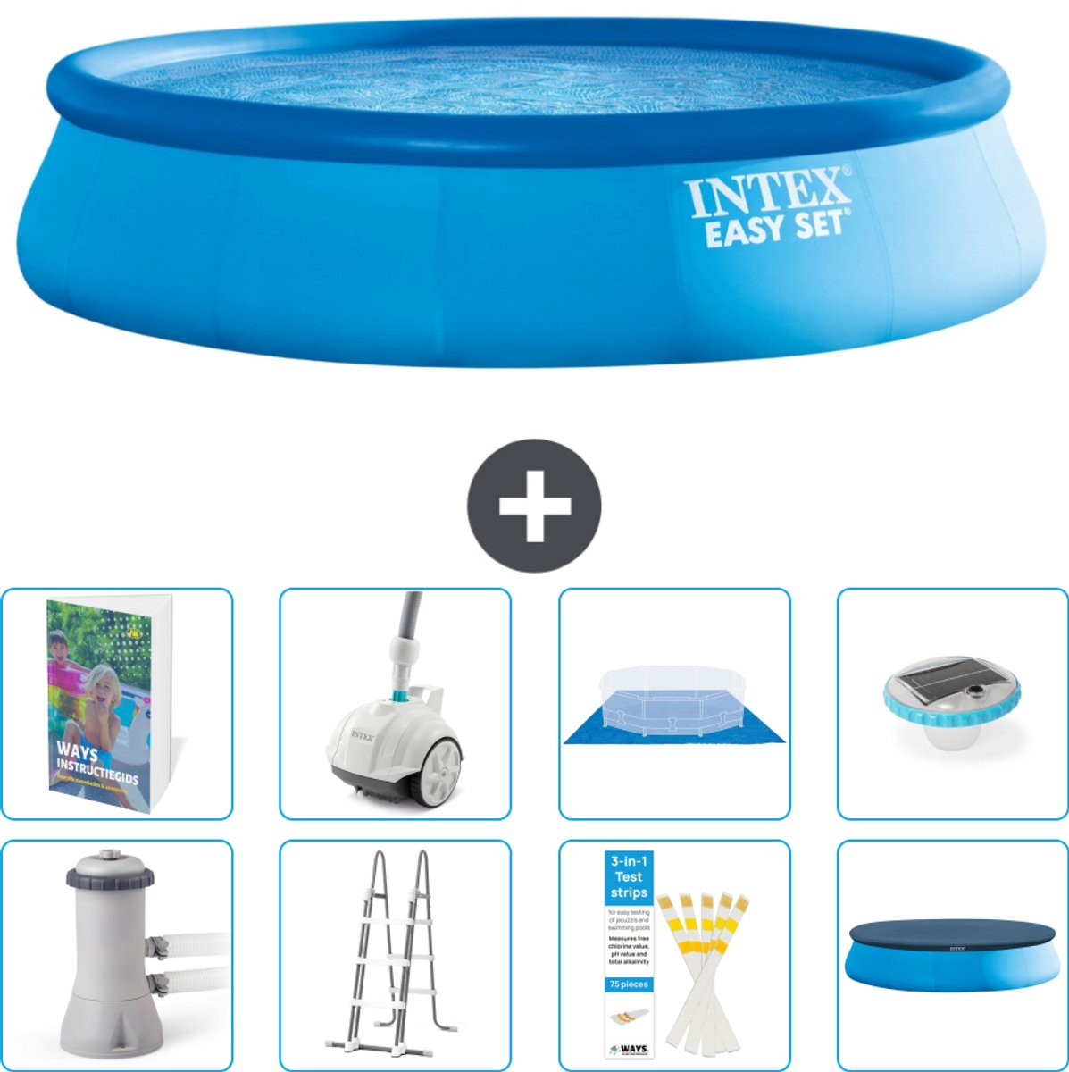 Intex Rond Opblaasbaar Easy Set Zwembad - 457 x 107 cm - Blauw - Inclusief Pomp - Ladder - Grondzeil - Afdekzeil - Stofzuiger - Verlichting - 9-delig