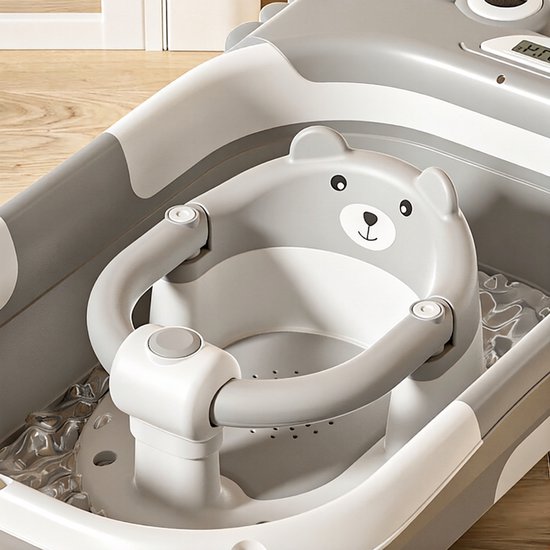 Babybadstoel - Antislip badkruk - Babybadzitje - Babybadaccessoire - 6 maanden en ouder - Met zuignappen - Veilig en draagbaar - Geschikt voor peuters en pasgeborenen - Berenprint - Grijsachtig wit — afbeelding 3