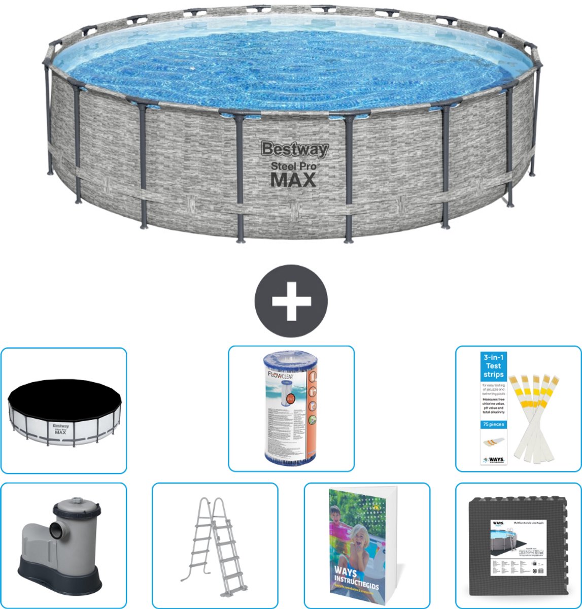 Bestway Rond Steel Pro MAX Zwembad - Steenprint - 549 x 122 - Inclusief Pomp - Ladder - Afdekzeil - Filter - Vloertegels - 8-delig
