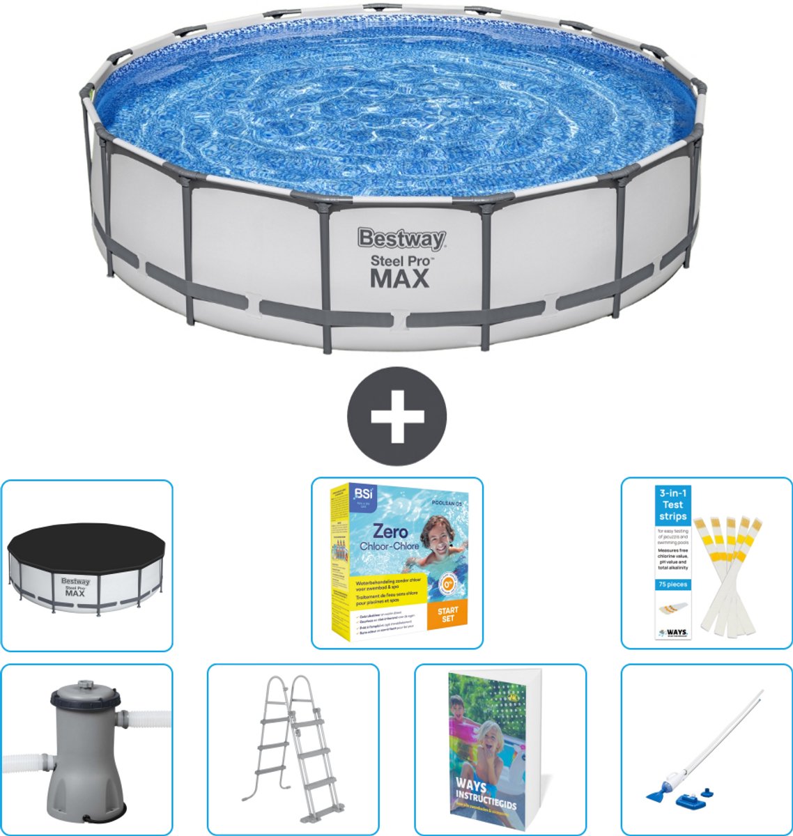 Bestway Rond Steel Pro MAX Zwembad - 457 x 107 cm - Grijs - Inclusief Pomp - Ladder - Afdekzeil - Onderhoudspakket - Stofzuiger - 8-delig