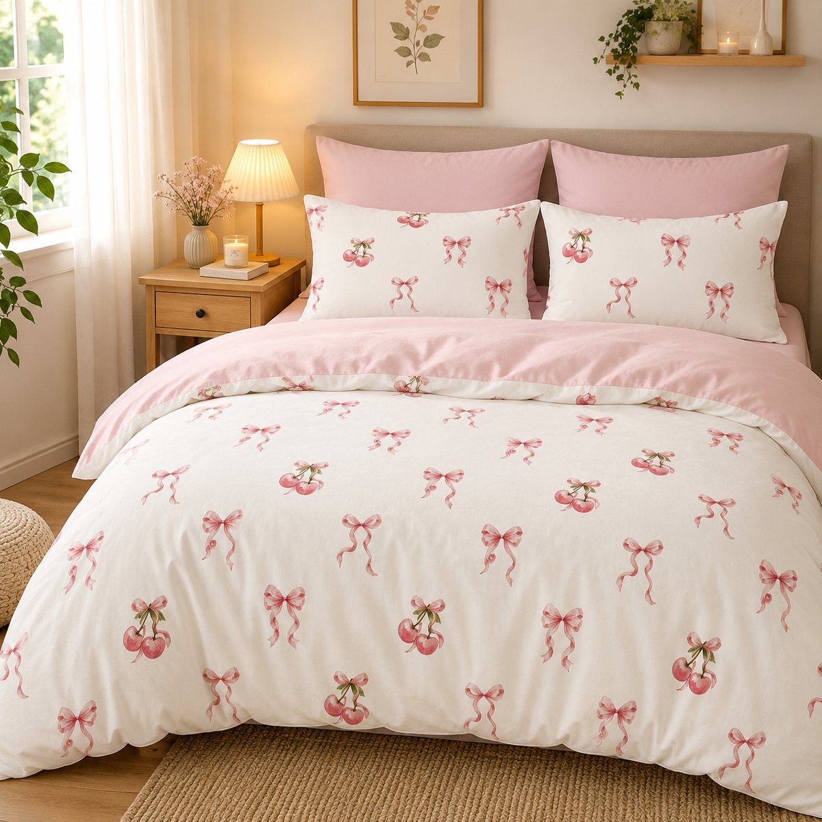Beddengoed met kersen en strikken, 135x200 cm, roze, microvezel, 1 kussensloop 80x80 cm, ritssluiting
