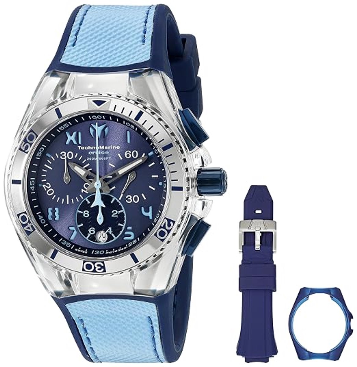 **TechnoMarine Cruise Chronograaf TM-114024 Herenhorloge - 45 mm - Quartz - Blauwe Wijzerplaat - Blauwe Rubber Band - 20 ATM Waterdicht**
