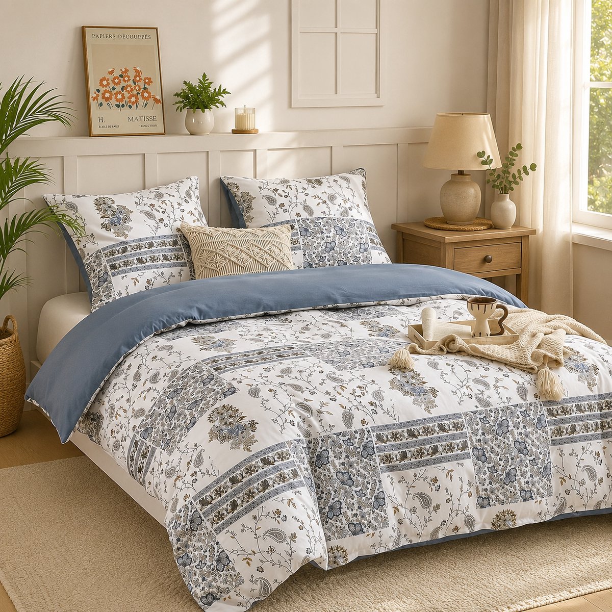Dekbedovertrek 220 x 240 cm met 2 kussenslopen 65 x 65 cm - Boheems bloemenpatchwork - 100% microvezel beddengoedset met ritsen - Blauw
