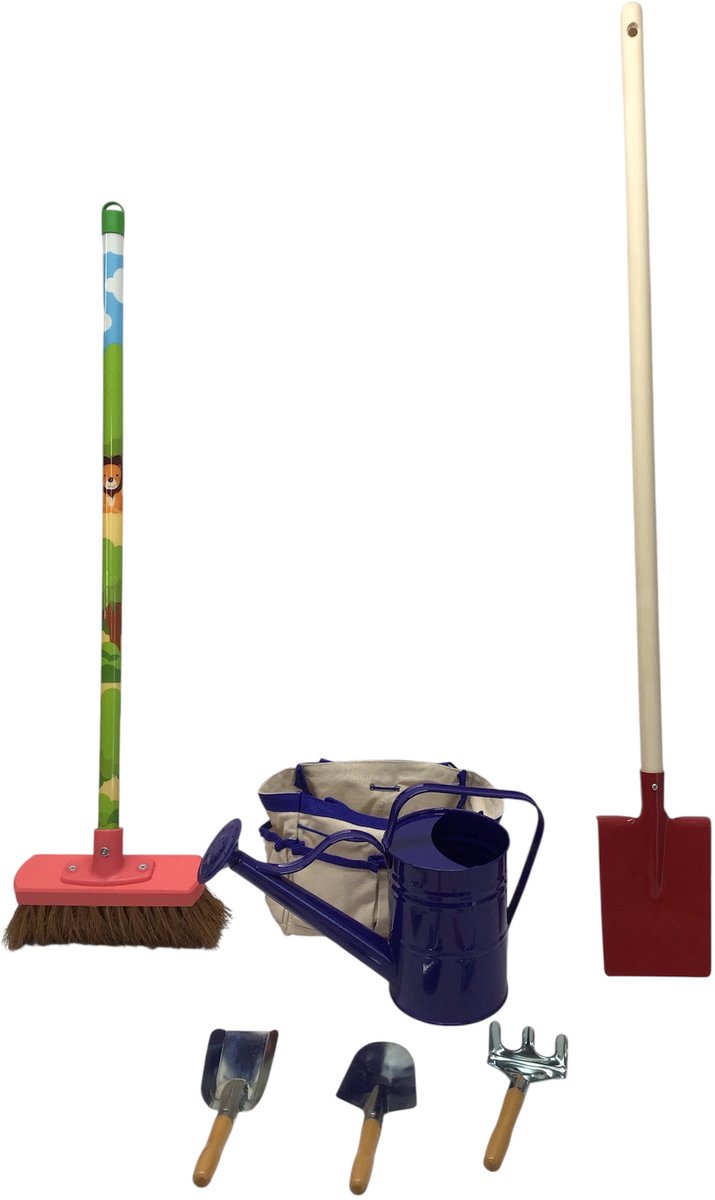 tuin set Tuingereedschap - Bezem - schep - gieter - harkje - en 2 mini schepjes kindertuingereedschap zandbakgereedschap