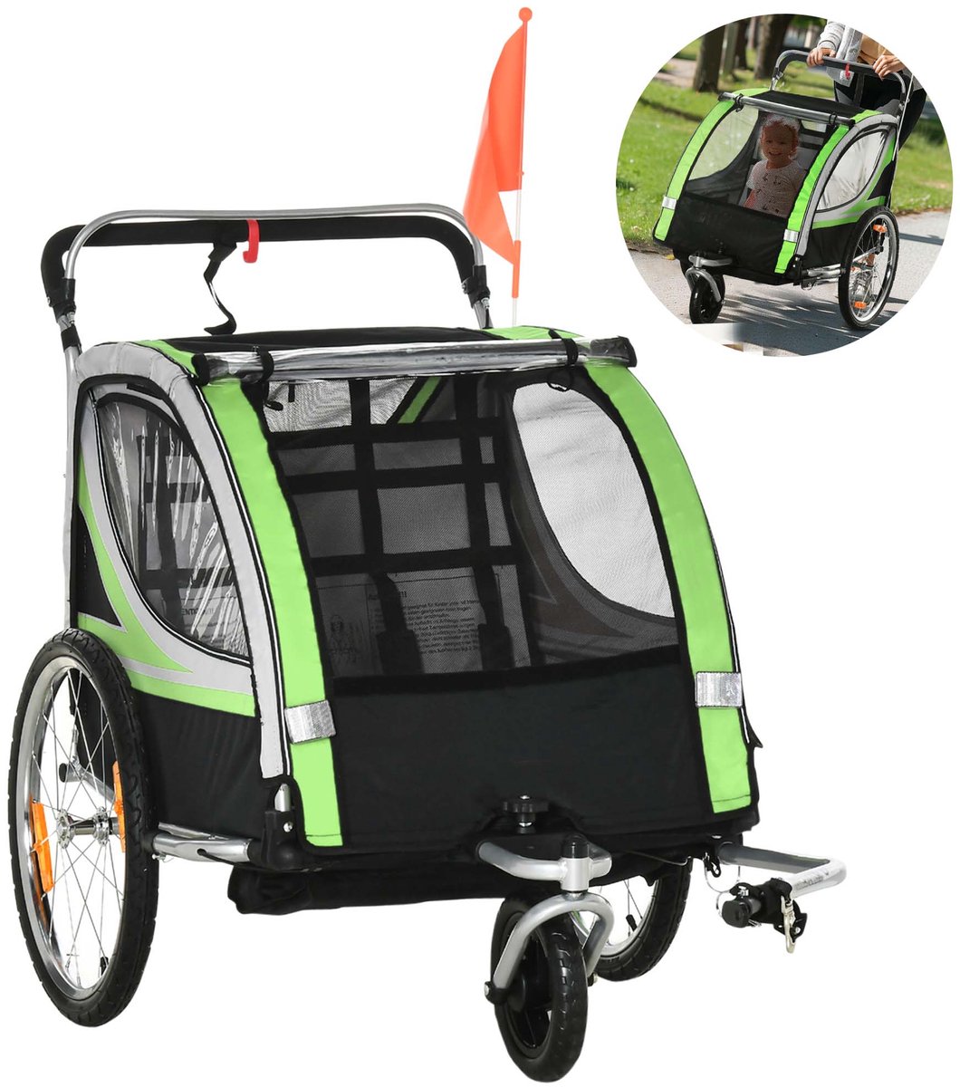 TEKROA® 2-in-1 Kinderfietskar & Wandelwagen - Voor Kinderen - Met Veiligheidsgordel, Vlag & Opbergvakken - 3 Wielen -Groen