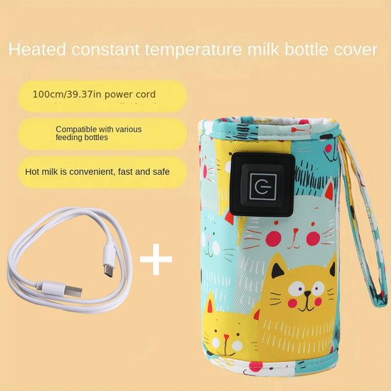 USB babyfles verwarmhoes met kattenprint meerkleurig, drie warmtestanden inclusief 100 cm Type-C kabel, draagbare constante temperatuur fleswarmer voor auto, kinderwagen en reis — afbeelding 5