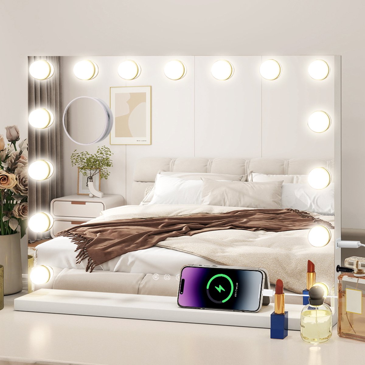 Puluomis Hollywood Spiegel 58x46CM - Spiegel met verlichting - 15x LED Lampen - USB-C&USB Oplaadpoort - 10x Vergroting - 3 lichtstanden - Dimbaar - Smart Touch