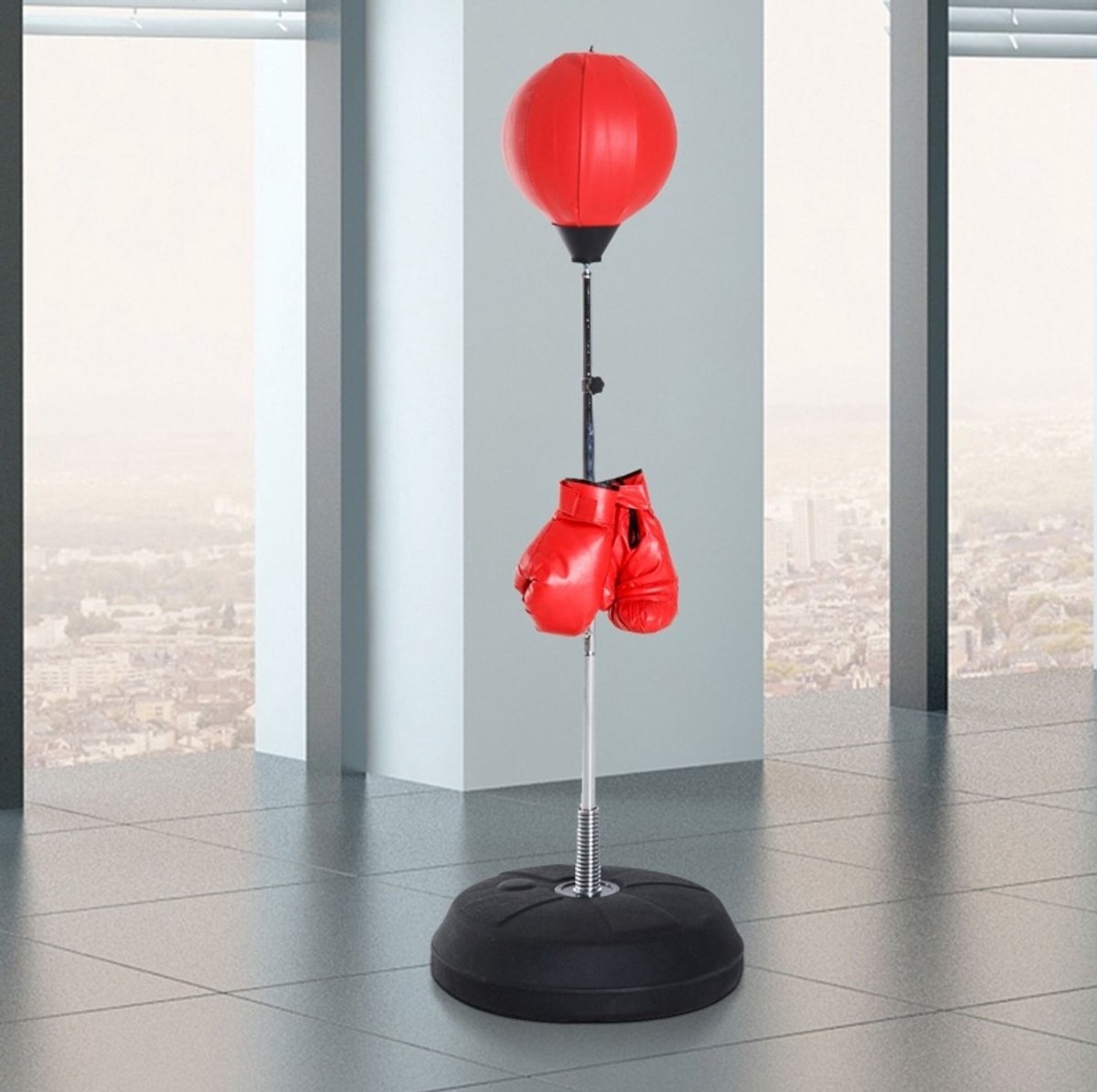 REDOM- Boksbal set - Verstelbare hoogte 126-144 cm - Staande uitvoering met voet - Inclusief bokshandschoenen en luchtpomp - Imitatieleer - Rood