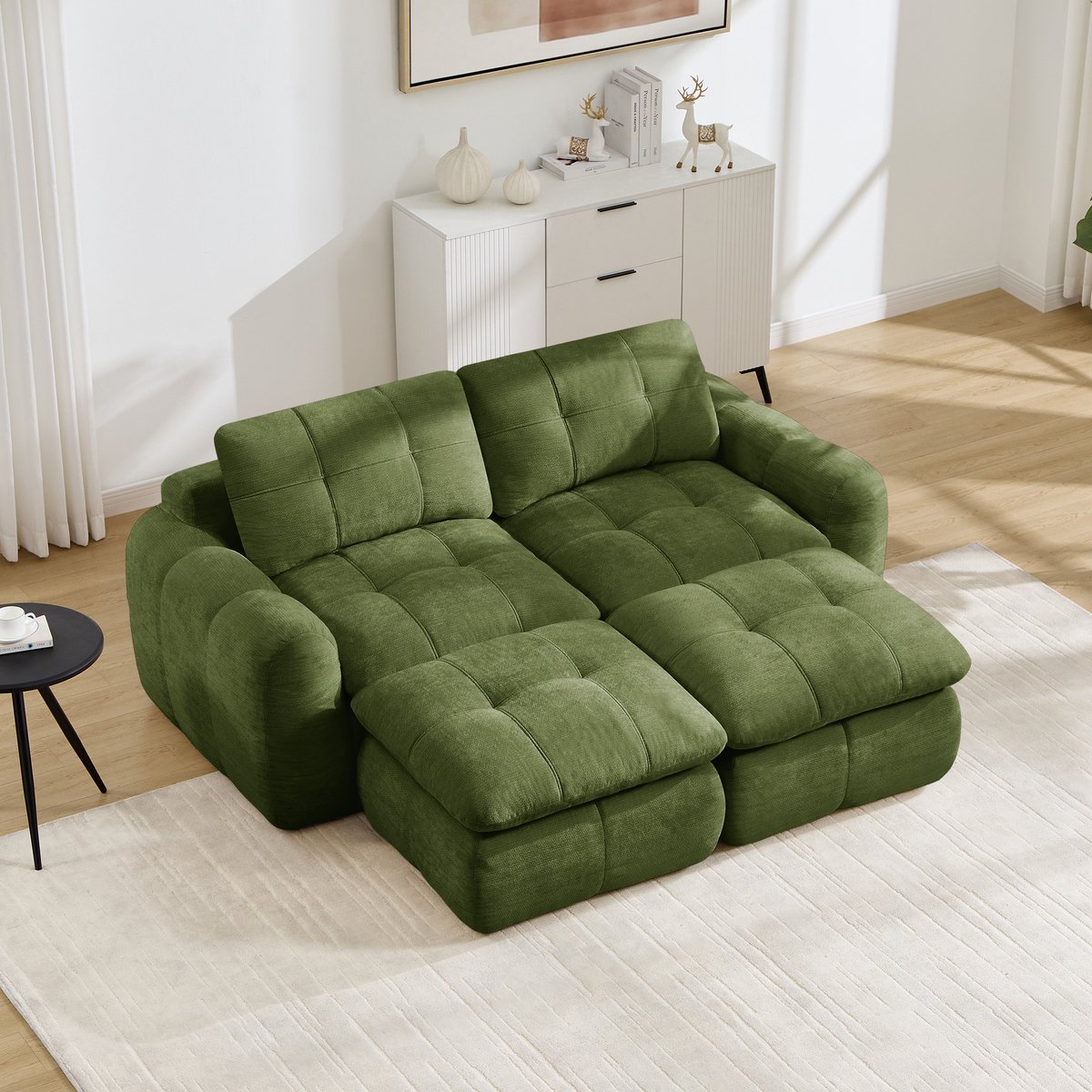 Modulaire Tweezitsbank,2-Zits Frameloze Modulaire Bank In Wolkdesign, Geruit En Doorgestikt, Chenille Bekleding, Brede En Diepe Zitplaatsen, Vrij Combineerbaar, Montagevrij, Inclusief 2 Voetenbankjes Voor Woonkamers en Appartementen-Groente