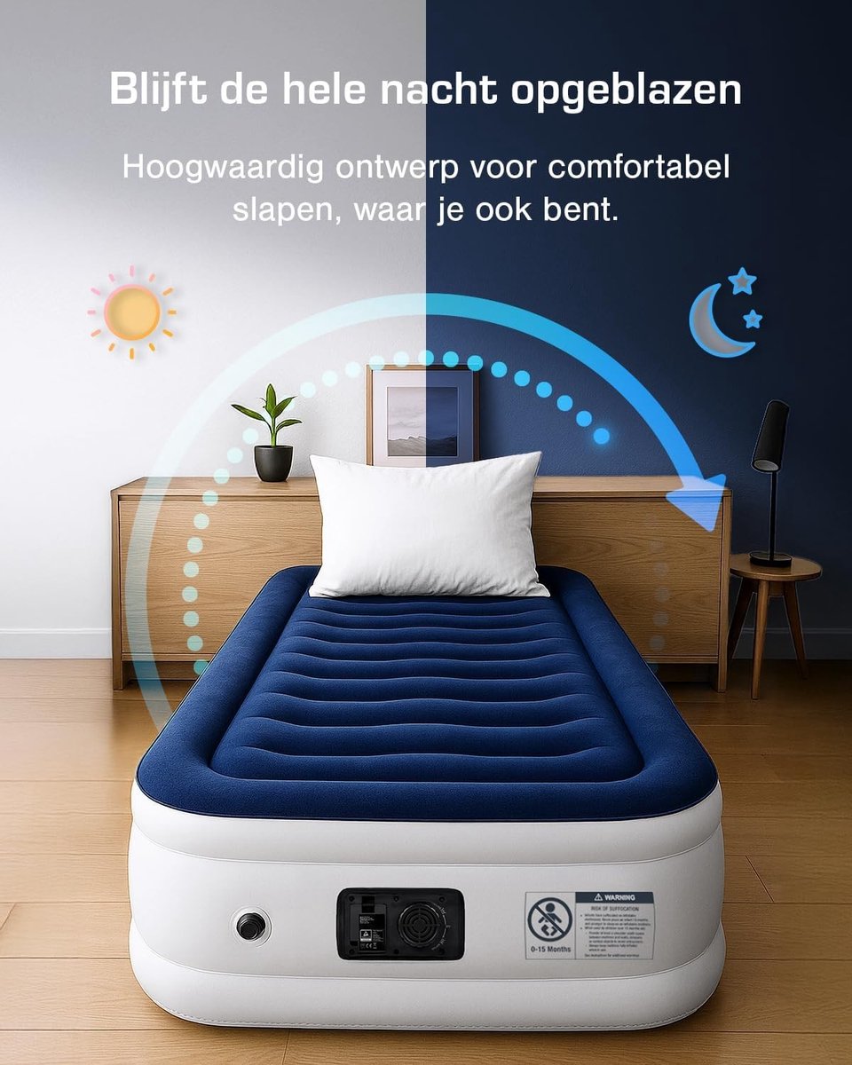 Luchtbed 1 Persoon Extra Hoog - Ingebouwde Elektrische Pomp en Ergonomisch Kussen - 188 x 99 x 36,5 cm - Incl. Reistas