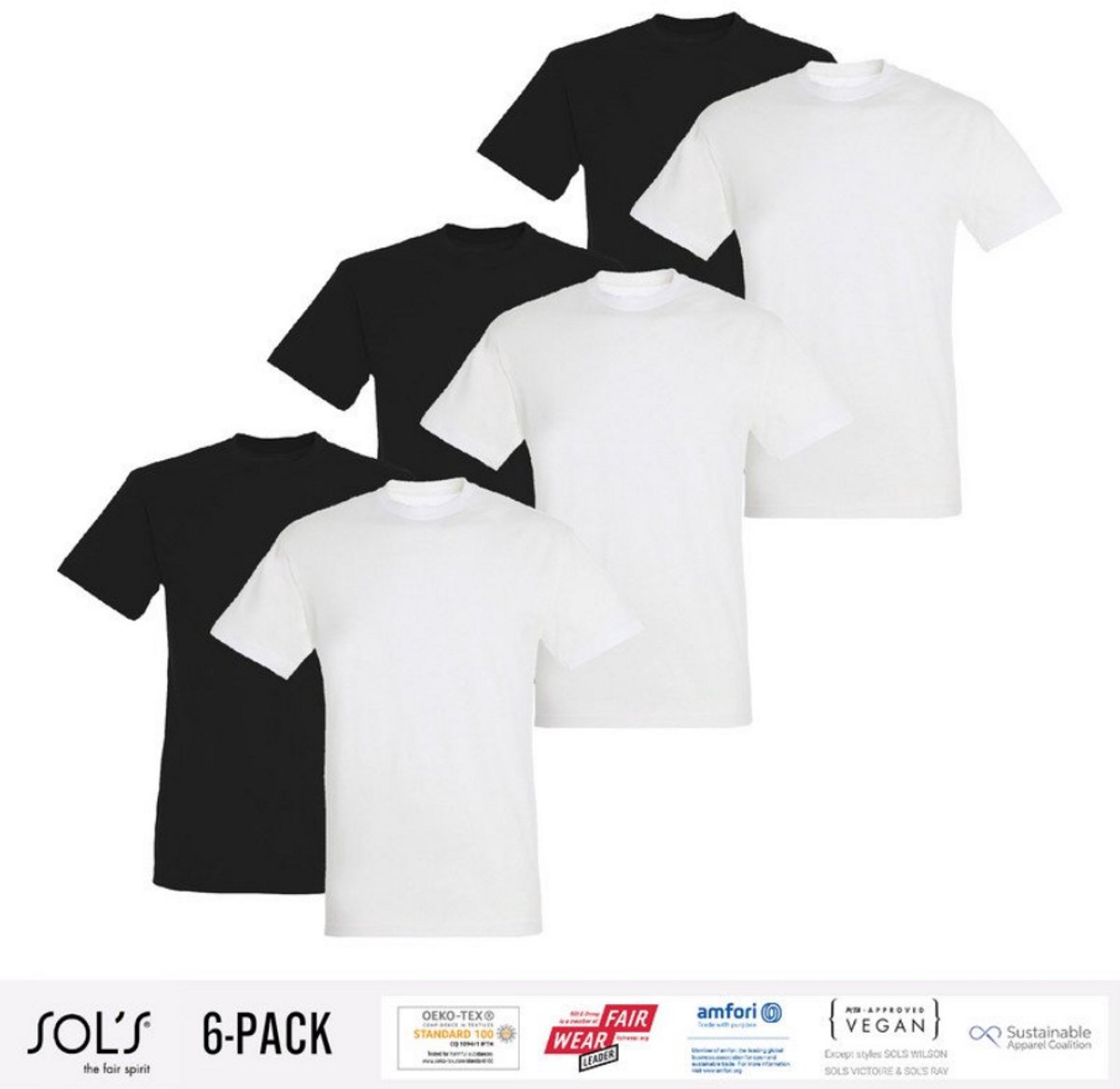 6 Pack Sol's Heren T-Shirt 100% biologisch katoen Ronde hals Zwart en Wit Maat XXL