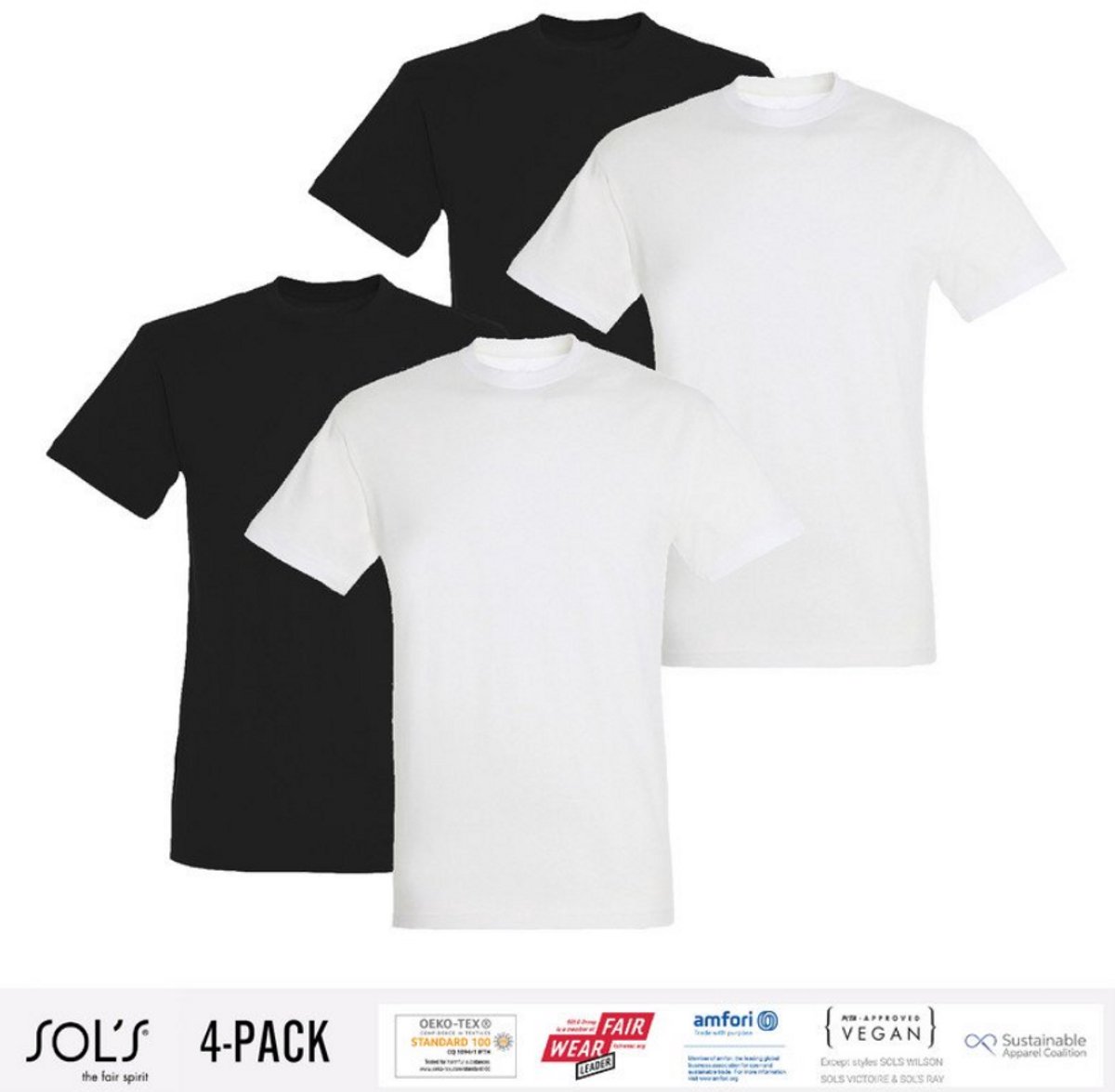 4 Pack Sol's Heren T-Shirt 100% biologisch katoen Ronde hals Zwart en Wit Maat 3XL