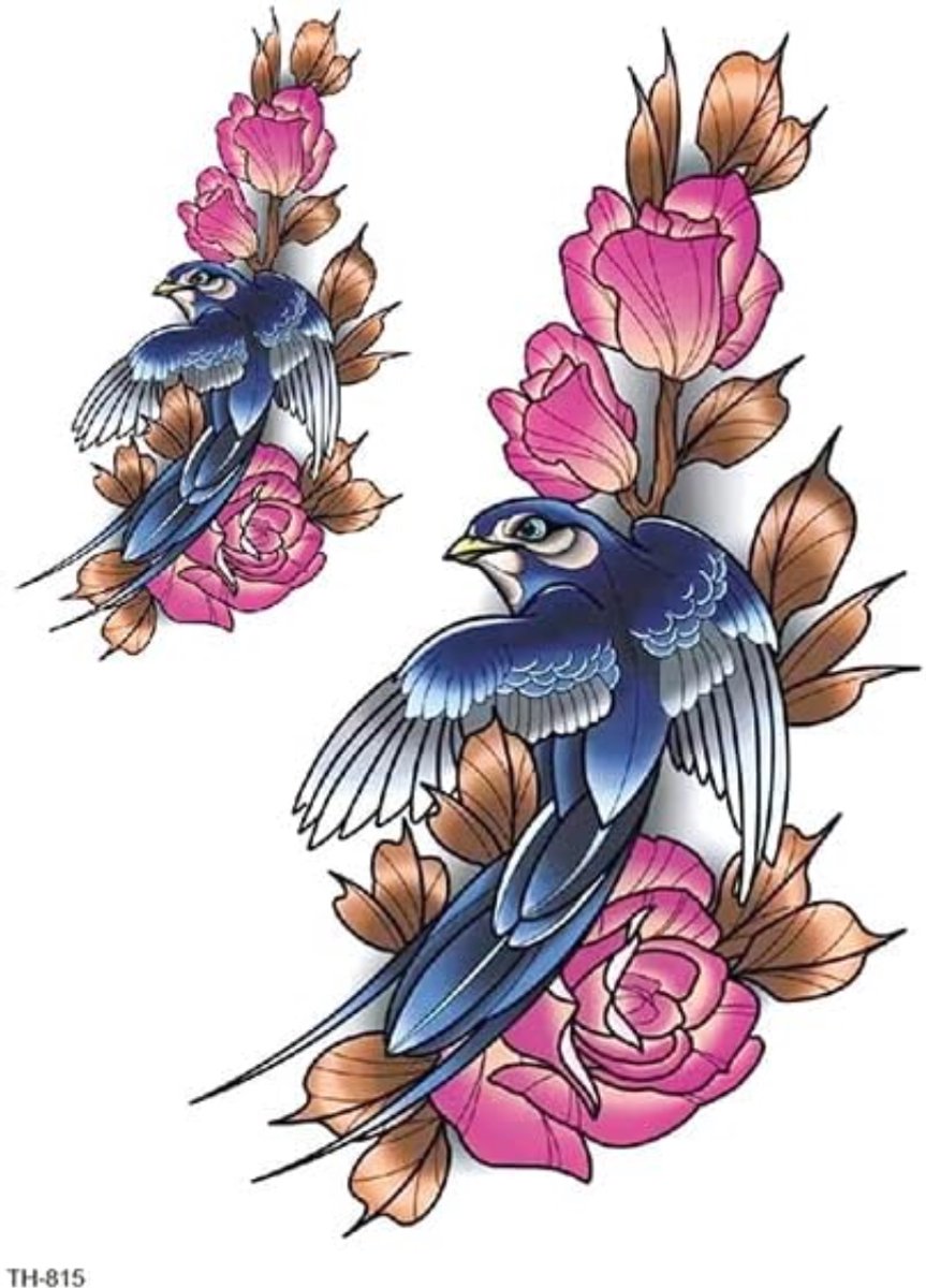 Temporary Tattoo Blauwe Vogel met Roze Rozen (A5 formaat) [Neptattoo - Tijdelijke tatoeage - Nep Fake Tattoos - Water overdraagbare festival sticker henna outfit tattoo - Glitter tattoo - Volwassenen Kinderen Jongen Meisje]