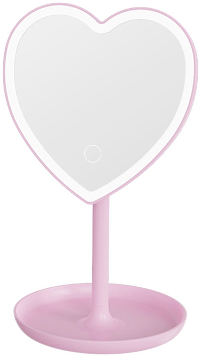 LED Make-up Spiegel - Hartvormige - met Touch & Opbergbakje - Cosmetische Tafelspiegel op Batterij & USB Voeding (Niet Oplaadbaar) - voor Kaptafel, Slaapkamer & Badkamer - Roze