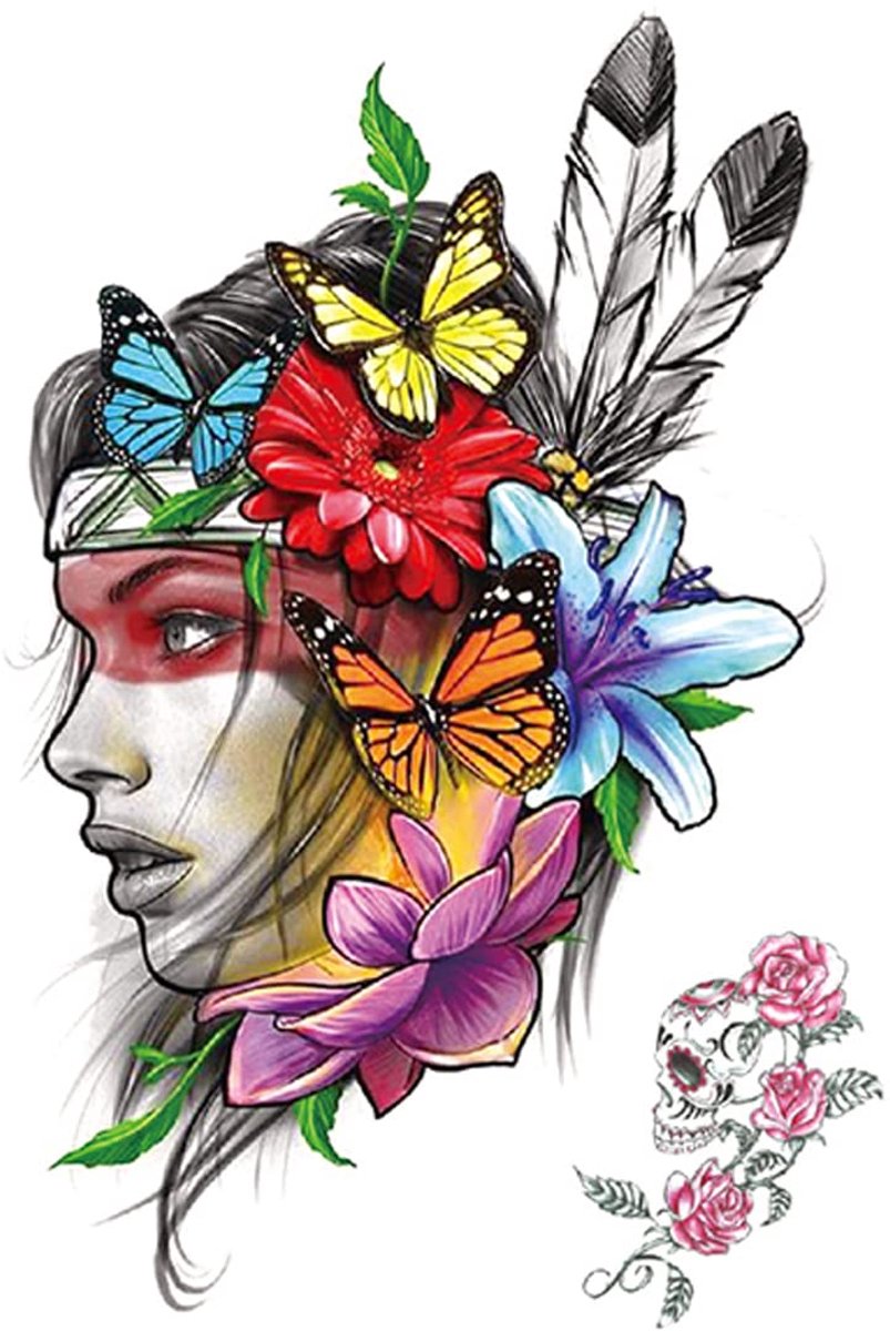 Temporary Tattoo Indiaanse Vrouw (A5 formaat) [Neptattoo - Tijdelijke tatoeage - Nep Fake Tattoos - Water overdraagbare festival sticker henna outfit tattoo - Glitter tattoo - Volwassenen Kinderen Jongen Meisje]