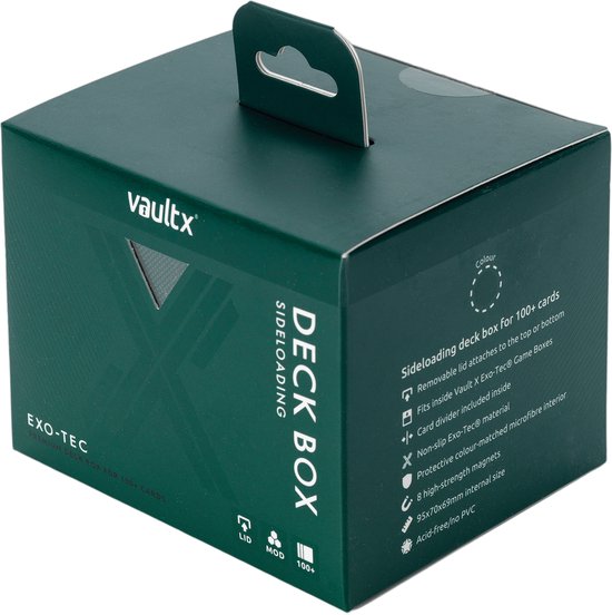 Groene verpakking voor een 'Deck Box' met de tekst 'vaultx' en 'SIDE LOADING DECK BOX' in witte letters. Met een handvat bovenaan.