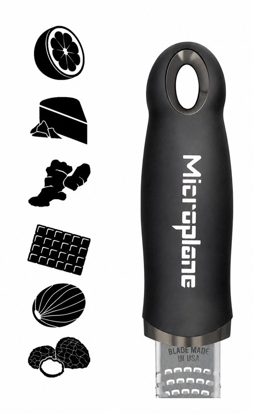Râpe Microplane noire avec sept illustrations d'aliments à râper.