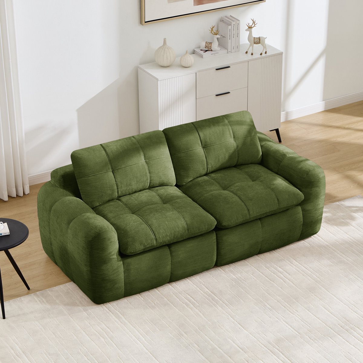 Moderne Tweezitsbank, Modulaire 2-Zitsbank, Vierkante Stiksels, 32D Schuim Met Hoge Dichtheid, Chenille, Diepe Zitting, Minimalistisch, Geen Montage Nodig, Voor Appartement, Woonkamer En Slaapkamer-Groente