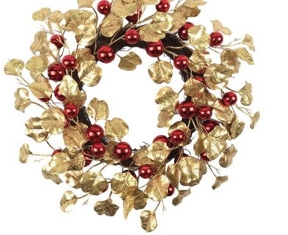 Krans Rode kerstballen/gouden bladeren Ø55cm