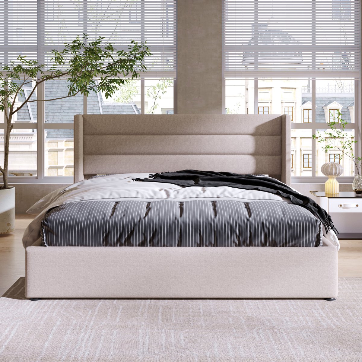 Opbergbed 160x200 Beige – Gestoffeerd Linnen Bed met Hydraulische Opbergruimte – Tweepersoonsbed met Hoofdbord en Lattenbodem