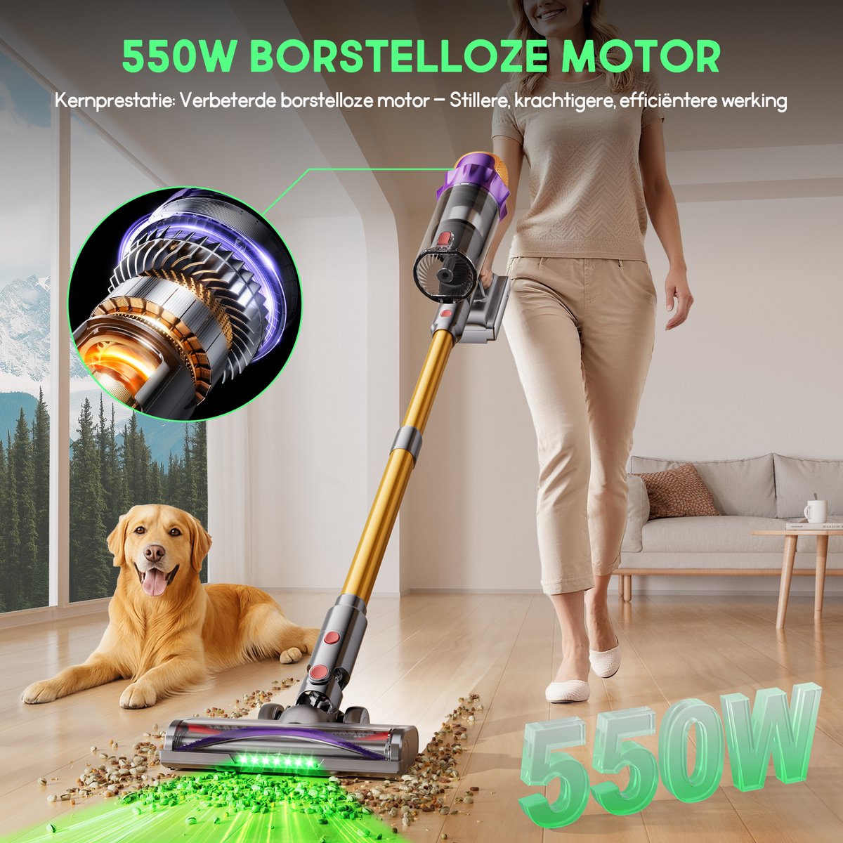 Hiazurm steelstofzuiger - 9-in-1 steelstofzuiger draadloos - 75000pa - Met dierenborstel - LED Groene Stofdetectielamp - Geschikt voor Tapijten - Harde Vloeren en Dierenharen - 2-liter stofopvangbox - Goudkleurig