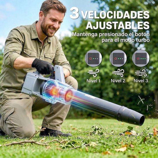 TEKROA® Accu Bladblazer 36V - 3 Snelheden - Turbo 270 km/u - Luchtvolume 13,5m³/min - Inclusief 2x 4.0Ah Accu & Lader - Brushless Motor 1000W - Lichtgrijs — afbeelding 5