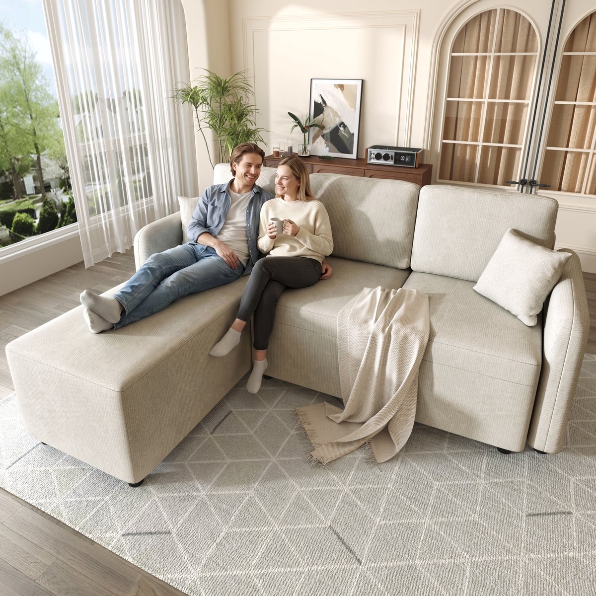 L-vormige hoekbank - 3-zits - met chaise longue - inclusief 2 kussens - geschikt voor appartementen en studentenkamers - beige