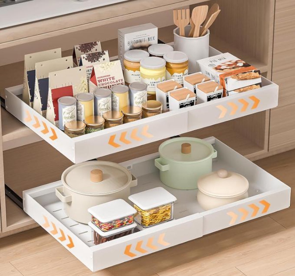 PIPIPOXER Schuiflade – Keukenkast Organizer- Telescopische – Gootsteenkast/Lade Organizer - binnenlade keuken– Uittrekbaar en Verstelbaar (32-52 cm) – Telescopisch – 1 set van 2 stuks – Wit