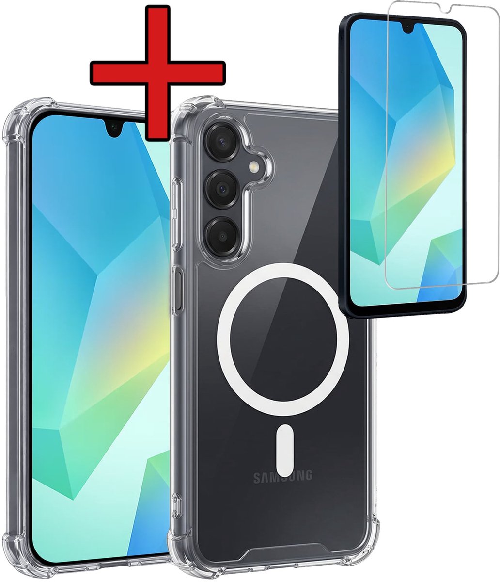Hoesje - Met Screenprotector - Geschikt voor Samsung Galaxy A16 - Magsafe Compatible - Sterk & Shockproof - Shock Proof Case - Back Cover - Telefoon Hoes - Telefoonhoes - Transparant