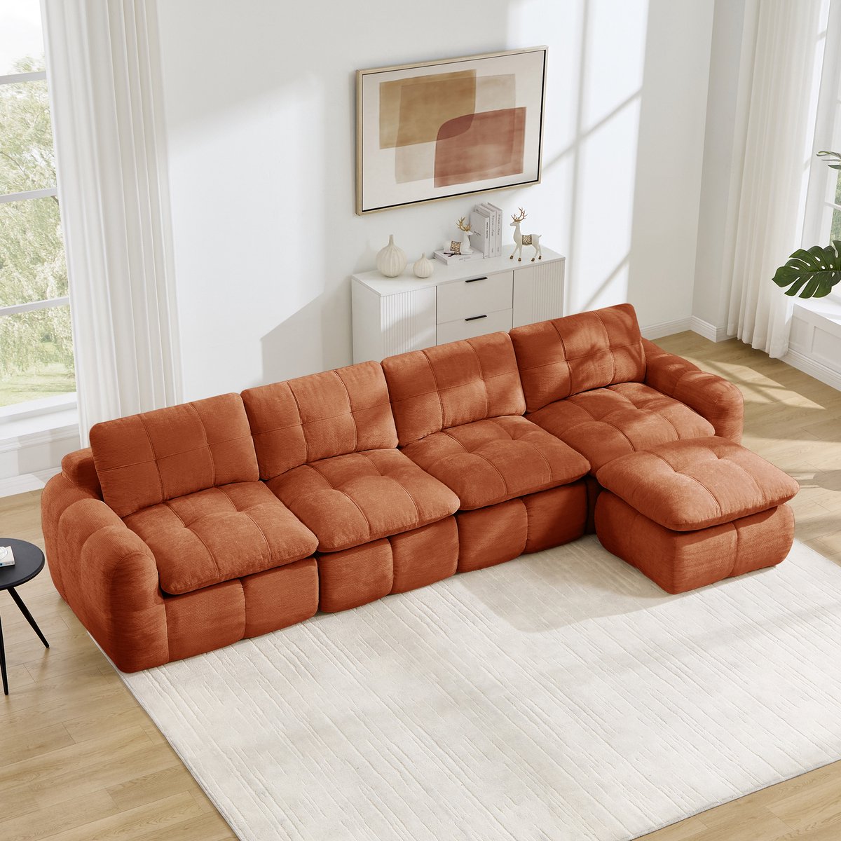 Moderne Hoekbank, L-Bank, 4-Zits bank, 4-Zits L-Vormige, Frameloze Modulaire Bank Met Ruitvormig Stikselpatroon, Chenille Bekleding, Brede En Diepe Zitplaatsen, Vrij Verplaatsbaar, Montagevrij,Oranje