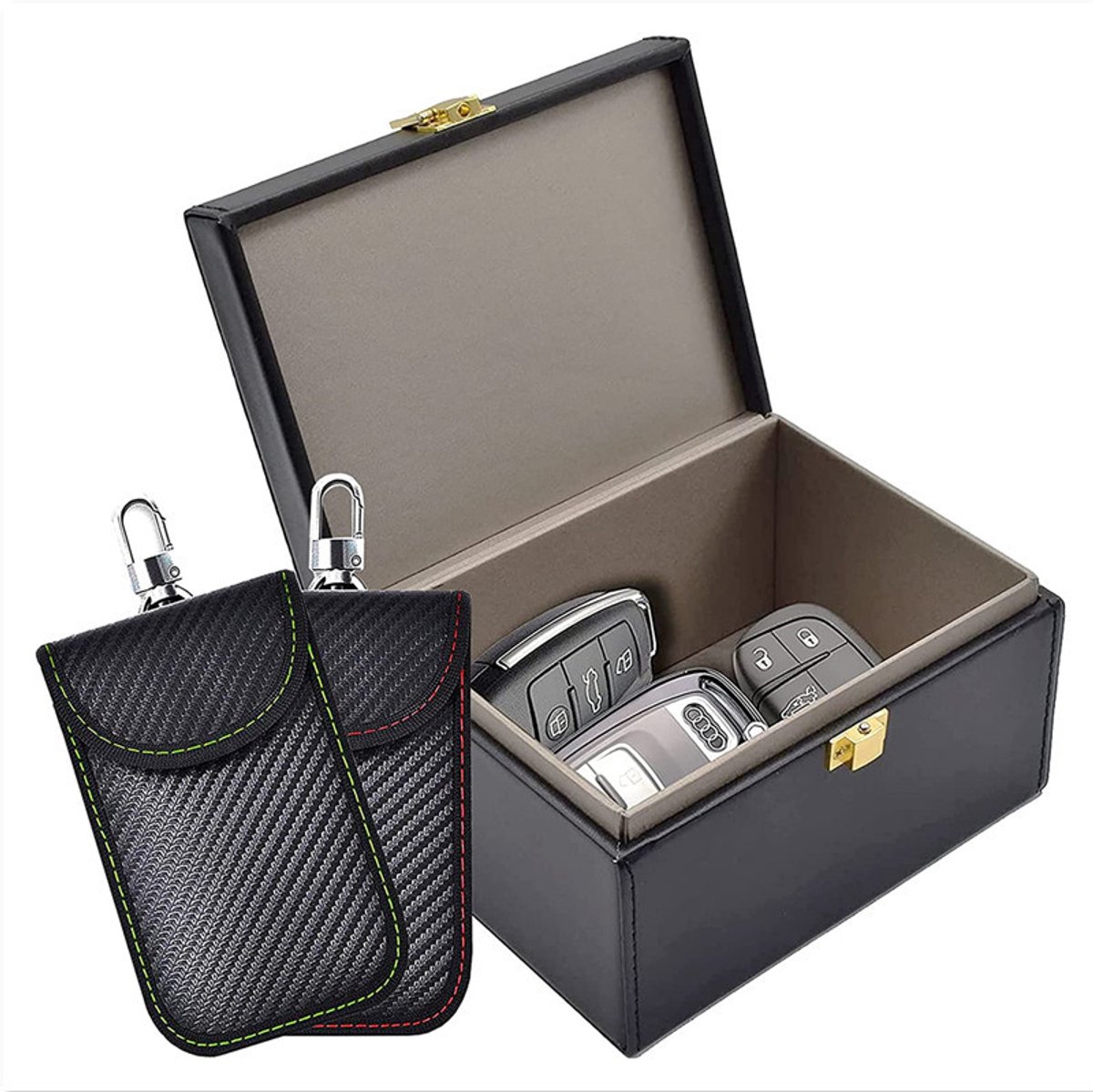 carmdering - RFID Sleutelbox voor Autosleutels – Keyless Protector Box met 2 RFID Sleutelhoesjes – Signaalblokkerende Box tegen Relay Diefstal – Faraday Box voor Autosleutels – PU Leer – Geschikt voor 7-9 Sleutels
