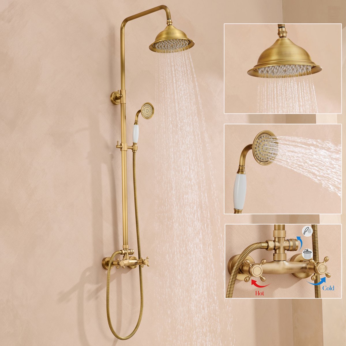 Auralum Max Retro Messing Douche Set - Regendouche en Handdouche - Antiek Bronzen Douchesysteem - met Dubbele handgreep - Ø 20 cm - Verstelbare Hoogte 88 -126 cm - Waterbesparend - Goud