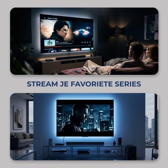Een koppel kijkt tv met sfeerverlichting; de bovenste helft toont Dune in 4K, de onderste een man in een donkere scène.