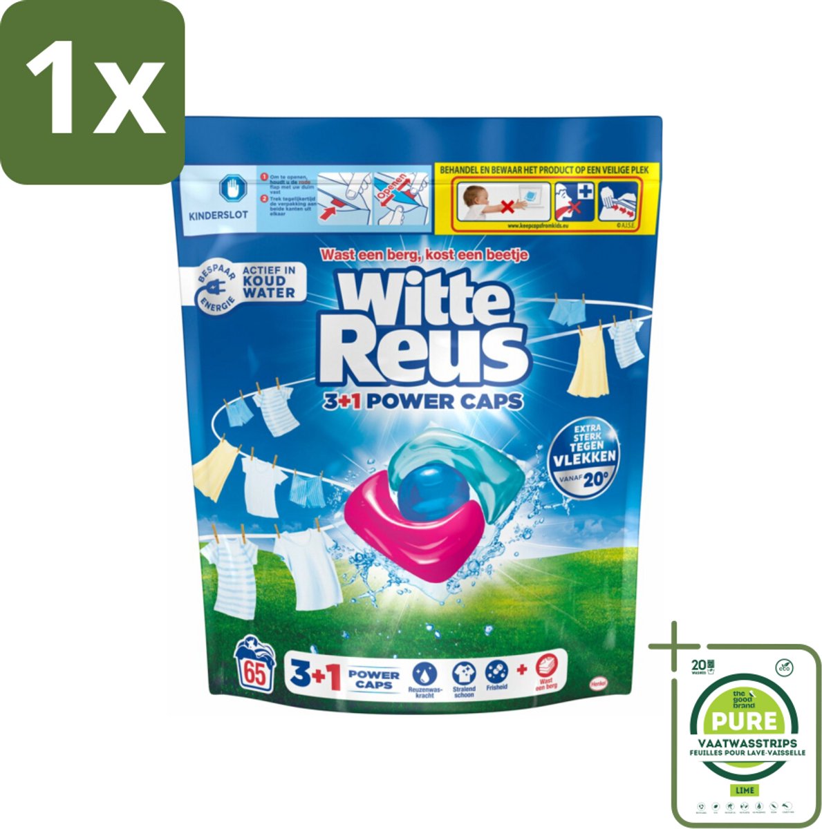1 x Witte Reus - 3+1 Power Caps - Witte Was - 65 Wasbeurten - Wascapsules - Wit Wasgoed - Wasmiddel - Vlekkenverwijderaar - Energiezuinig Wassen