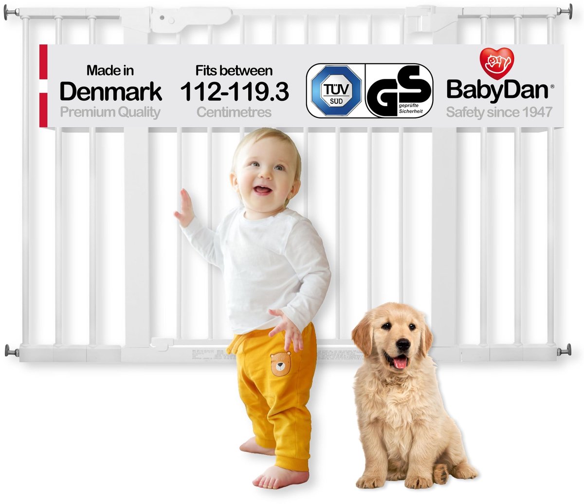SnelShoppen - Babytraphek extra breed 112-119,3 cm, deurbeschermingshek, veiligheidsrooster, metalen babyhek in wit, ideaal voor peuters en honden