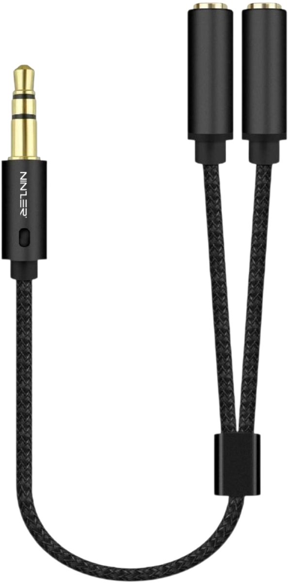 Ninzer 3.5 mm Audio Splitter - 1x Male naar 2x Female - Gevlochten AUX Koptelefoonverdeler met Metalen Aansluitingen - Zwart
