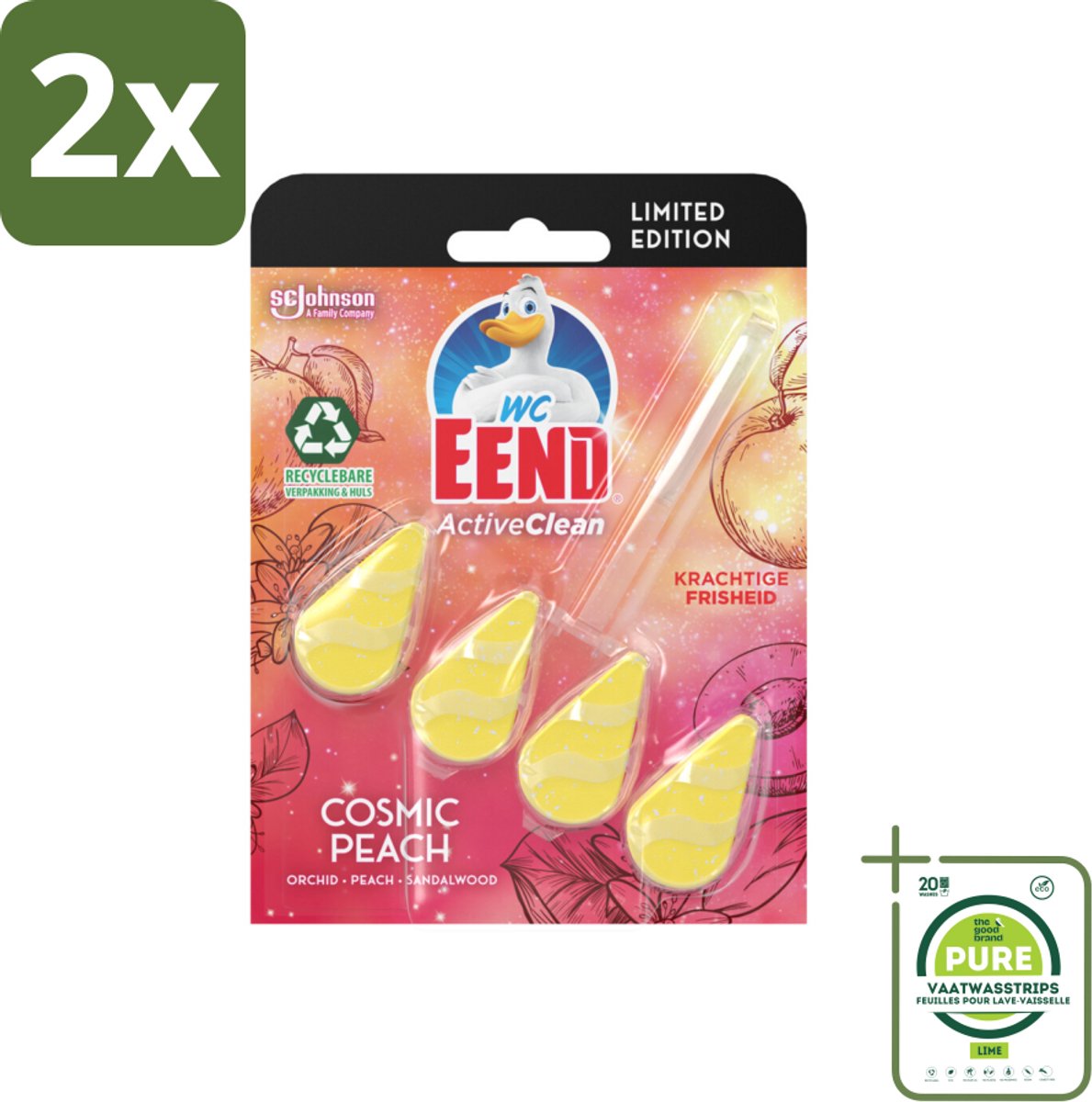 WC Eend - Active Clean Cosmic Peach - Toiletblok - Fruitige Perzikgeur - 38 gr - Voordeelverpakking - 2 stuks - Toiletblok - Toiletreiniger