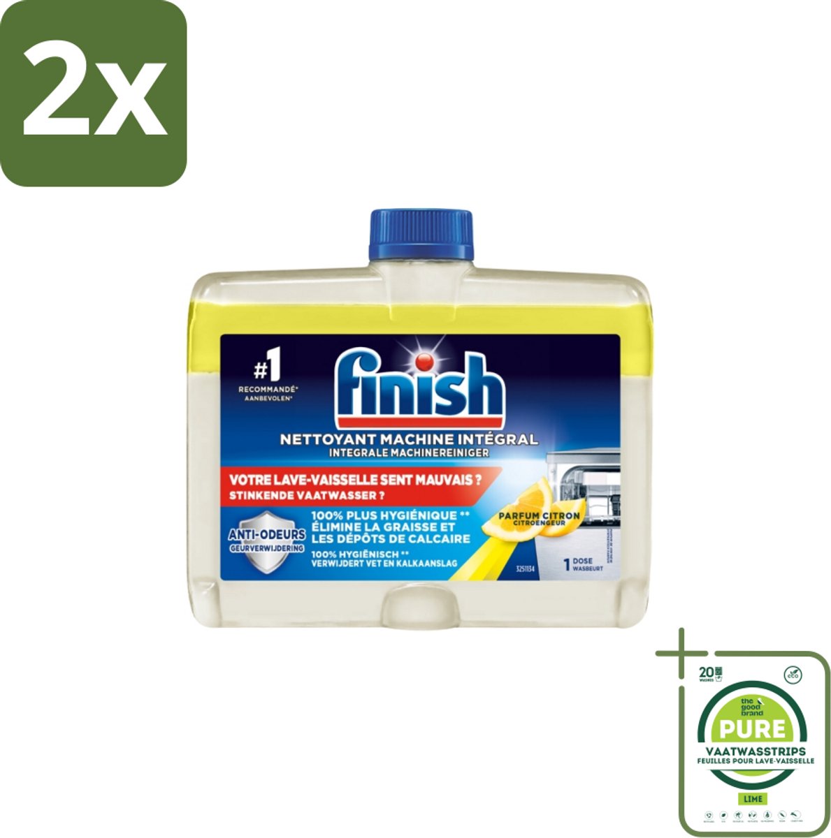 Finish - Vaatwasmiddel - Hygiene Machinereiniger Lemon - Hygiënische Reiniging - 250 ml - Voordeelverpakking - 2 stuks - Vaatwasser reiniger - Vaatwasser ontkalken