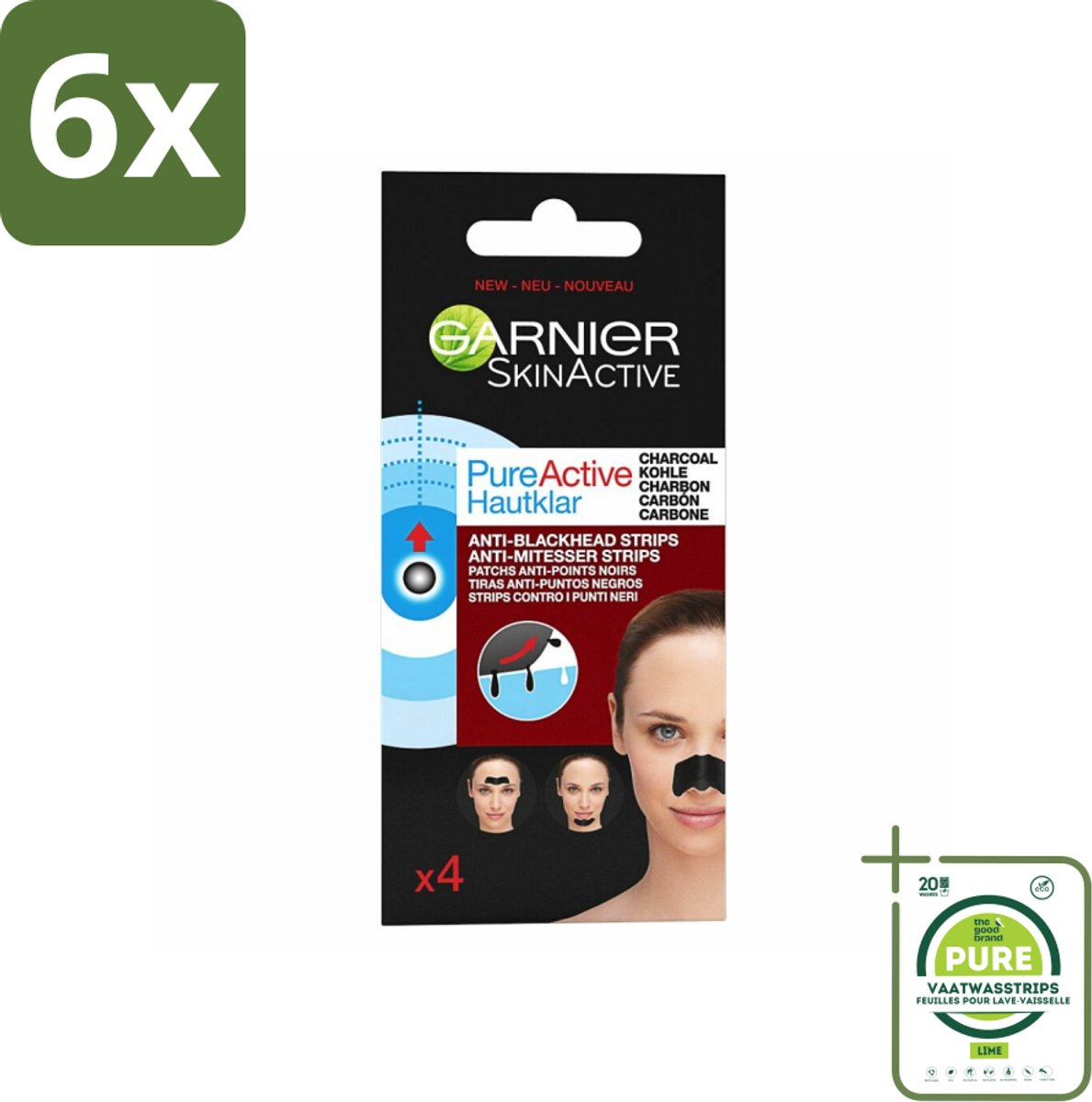 Garnier - Pure Active - Anti-Mee-Eters Strips - Charcoal - Neus, Voorhoofd & Kin - 4 Strips - Voordeelverpakking - 6 stuks - Anti-Mee-Eters Strips - Houtskoolstrips
