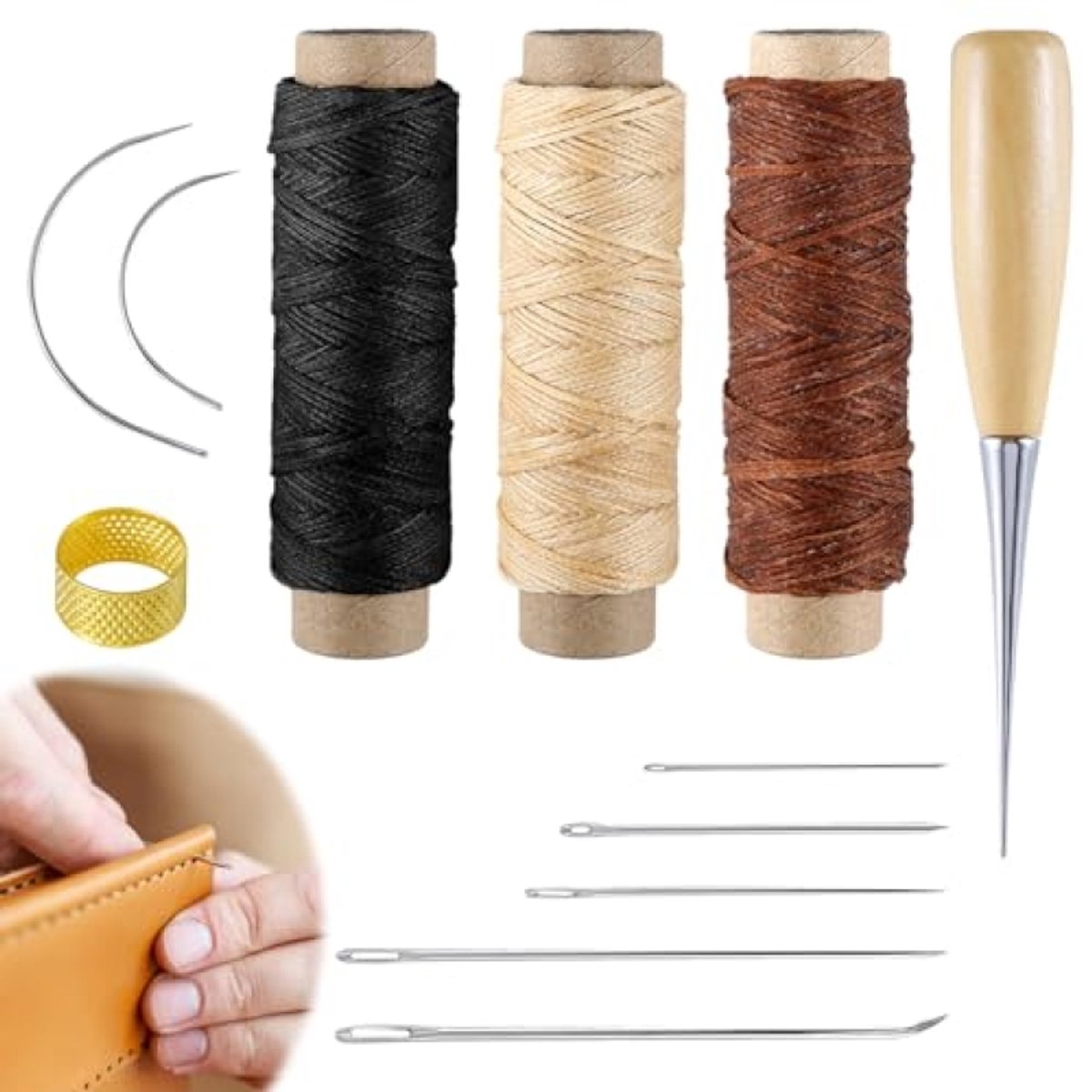 Huis Geluk Naaiset van Leer 12-delig – Handnaaigereedschap met Gewaxte Draad, Boorpons en Vingerhoedjes voor Tapijtreparatie, DIY Naaien en Handwerk
