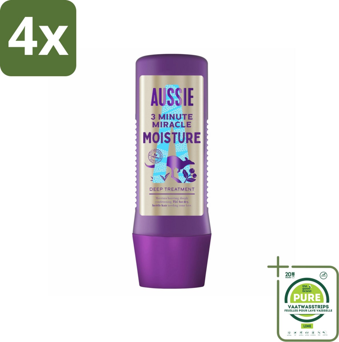 Aussie - Haarmasker - 3 Minute Miracle Moisture - Intensief - Vegan Verzorging - 225 ml - Voordeelverpakking - 4 stuks - Haar masker - Haarmasker