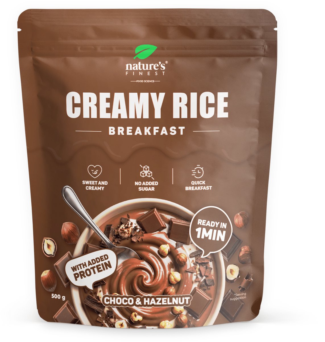Nature's Finest Creamy Rice Breakfast - Choco-Hazelnoot - Romige Rijstpap Mix met Wei-eiwit - Ontbijtpap voor Warm Ontbijt of Dessert - Zonder Toegevoegde Suikers - 500 g