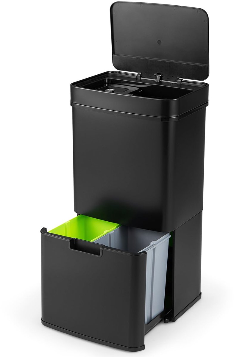 SnelShoppen - Elektrische afvalemmer 72L met sensor, 4 vakken voor afvalscheiding, 2 x 11L + 3,5L + 46,5L, keukenafvalemmer met zachte sluiting, zwart