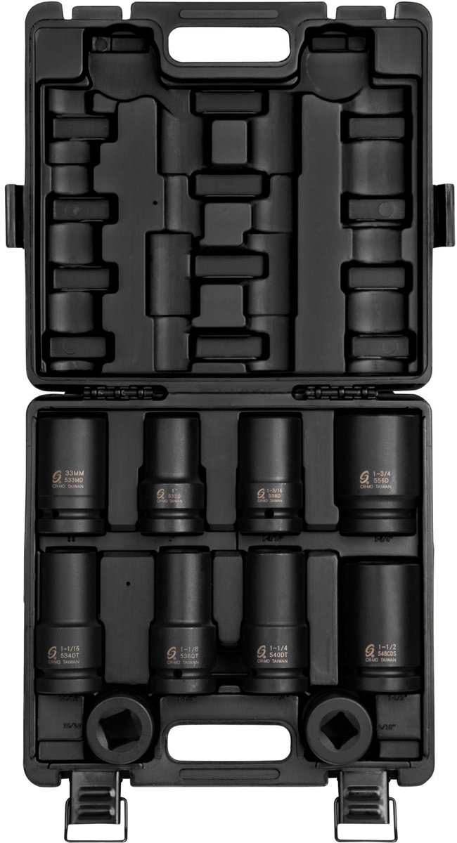 SnelShoppen - 10-delig Heavy Duty Wiel Impact Socket Set, 1 Inch Aandrijving, SAE/Metrisch, Diep/Vierkant, Cr-Mo Staal, Opbergkoffer voor Vrachtwagens