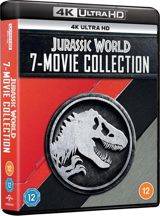 4K Ultra HD boxset van de Jurassic World 7-movie collectie met de T-Rex in het logo en rode zijkant.