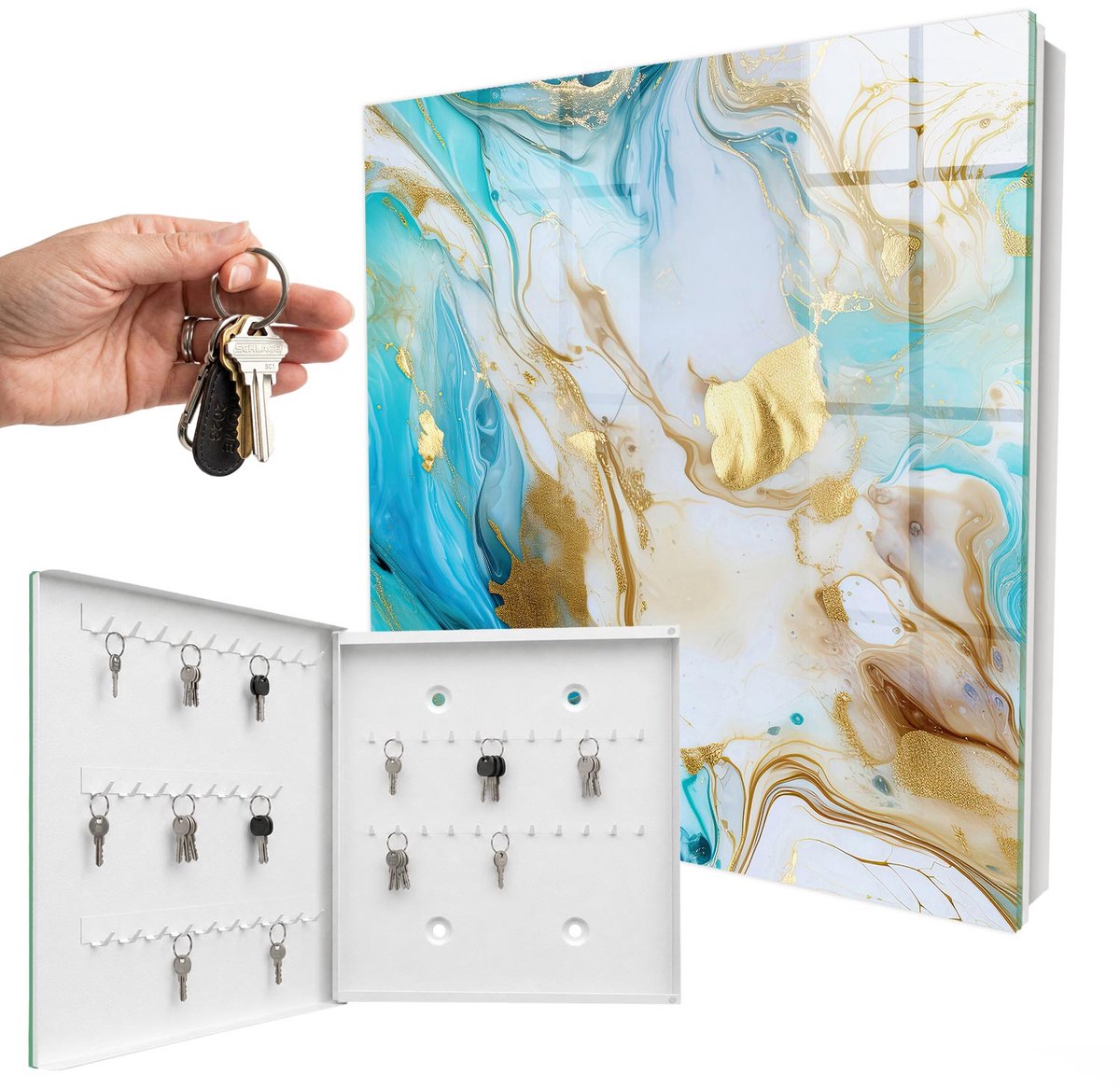 WallMuralia - Sleutelkast - 30x30x5 cm - met 50 haken - Turkooizen Patronen Leuk Sleutelkastje - Turkoois Sleutelbox - Linksopenend - Wit interieur