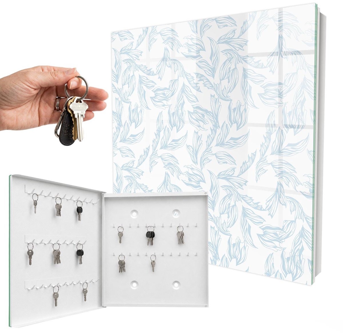 WallMuralia - Sleutelkast - 30x30x5 cm - met 50 haken - Bloemenpatroon Sleutelkastje Muur - Wit Sleutelbox - Linksopenend - Wit interieur