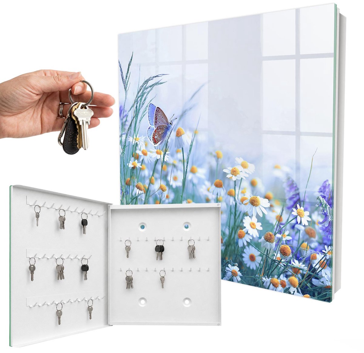 WallMuralia - Sleutelkast - 30x30x5 cm - met 50 haken - Zomerweide Leuk Sleutelkastje - Blauw Sleutelbox - Linksopenend - Wit interieur